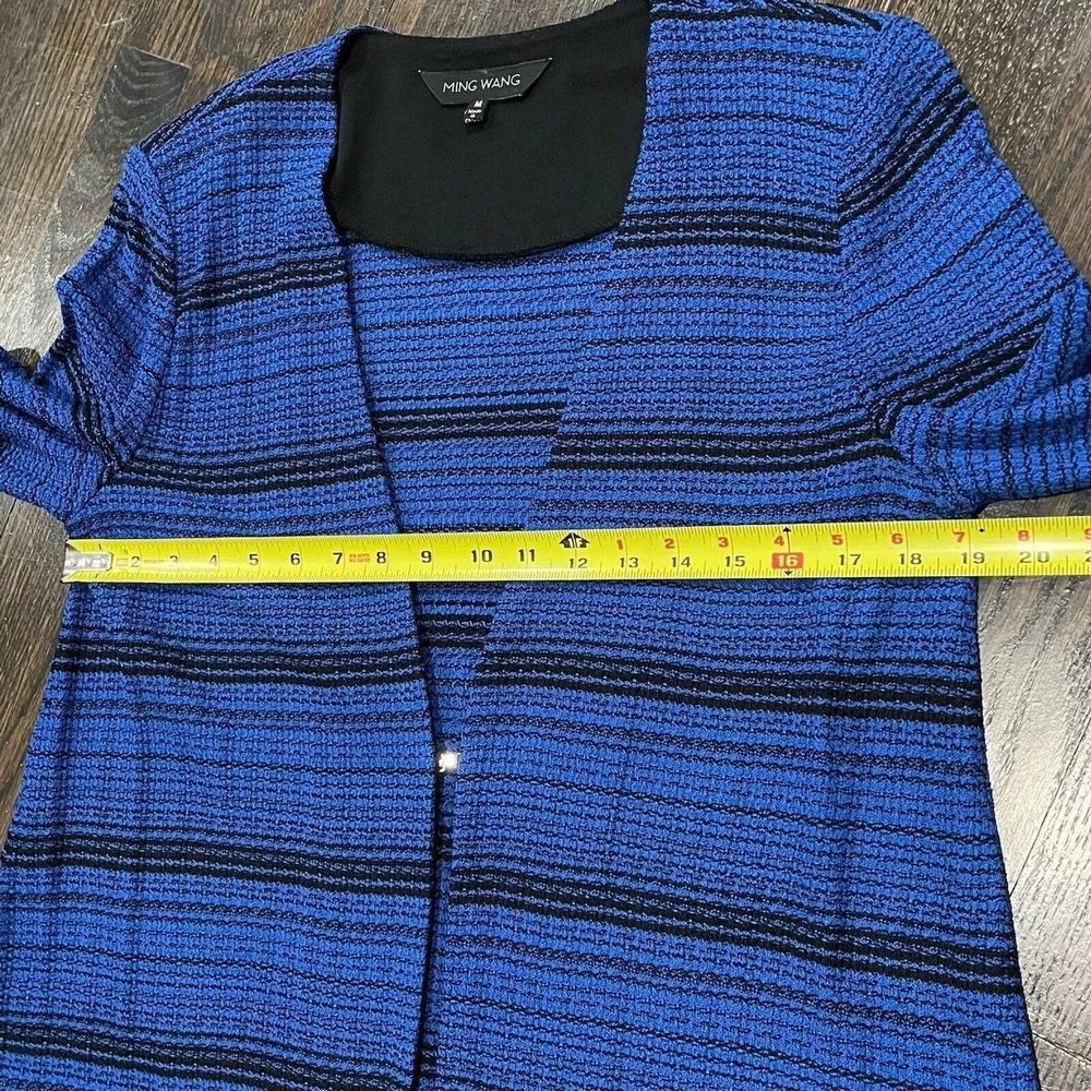 MING WANG Jacket‎ Women's Medium Blue Striped Knit Top Hook Closure Asymmetrical
